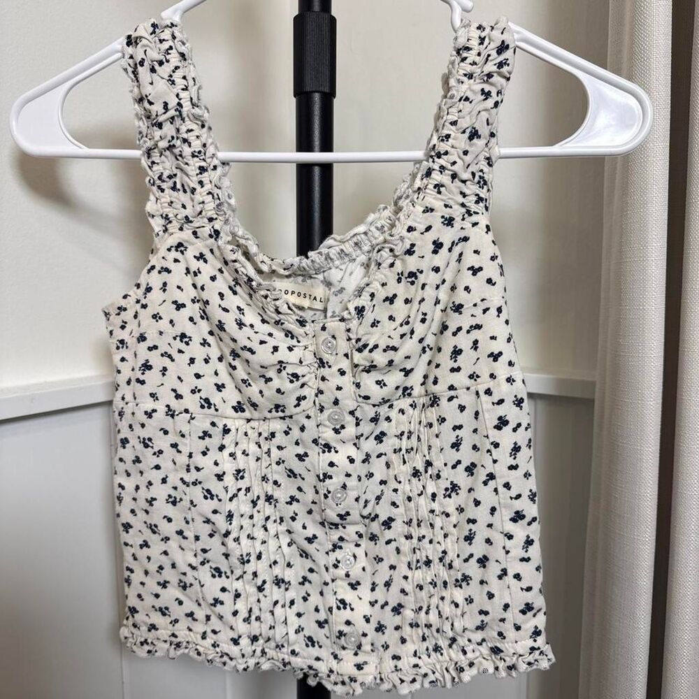 Aeropostale Floral Button Front Tank Top White Navy XS Cottagecore